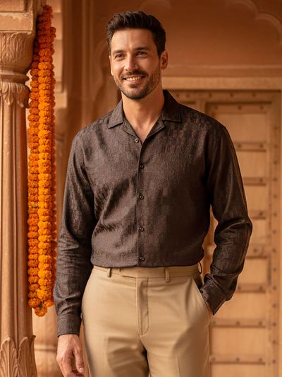 Brown Jacquard Cuban Shirt Brown Jacquard Cuban Shirt