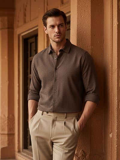 Brown Jacquard Round Textured Shirt Shop online for men's textured shirts for casual comfort,