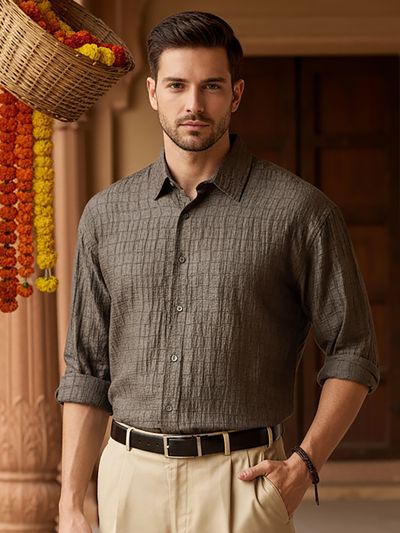 Brown Textured Jacquard Shirt mens shirts online shopping in india,
