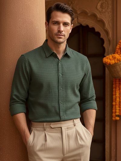 Olive Green Jacquard Round Textured Shirt Olive Green Jacquard Round Textured Shirt