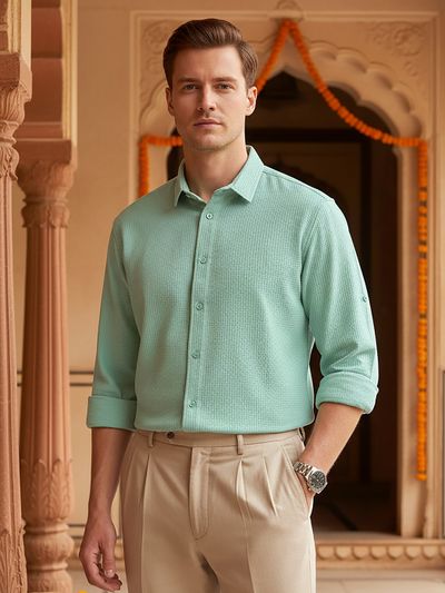 Pista Green Full Sleeve Waffle Shirt For Men Pista Green Full Sleeve Waffle Shirt For Men