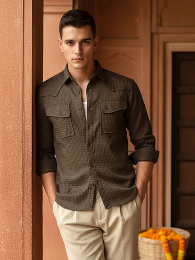 Wood Brown Textured Western Shirt
