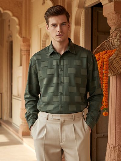 Olive Fur Geometric Textured Shirt