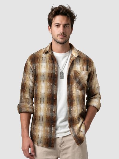Brown Frayed Check Shirt