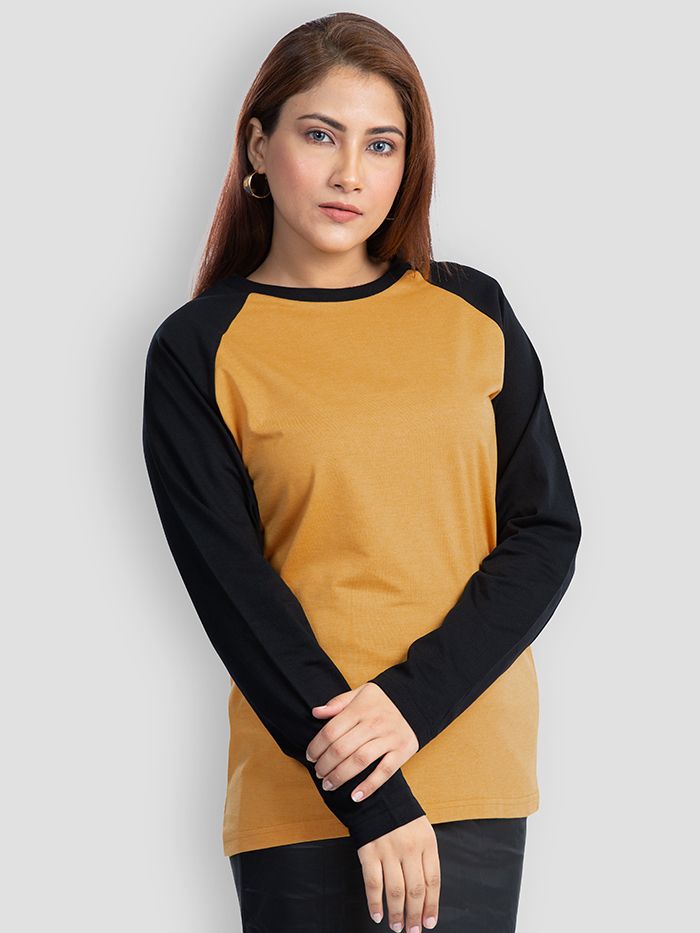 Mustard - Black Raglan Women Full Sleeves T-shirt