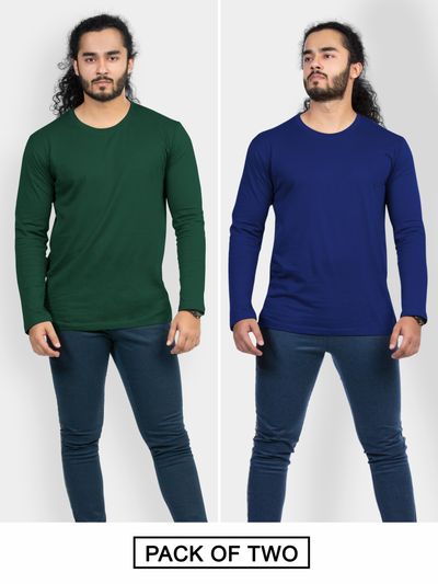 Pack of 2-Plain Full Sleeve T-shirt Combo Bottle Green And Navy Blue