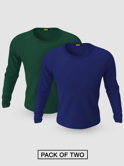 Pack of 2-Plain Full Sleeve T-shirt Combo Bottle Green And Navy Blue