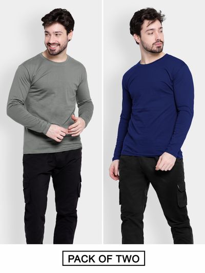 Pack of 2-Plain Full Sleeve T-shirt Combo Space Grey And Navy Blue Pack of 2-Plain Full Sleeve T-shirt Combo Space Grey And Navy Blue