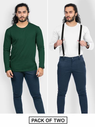 Pack of 2-Plain Full Sleeve T-shirt Combo White And Bottle Green