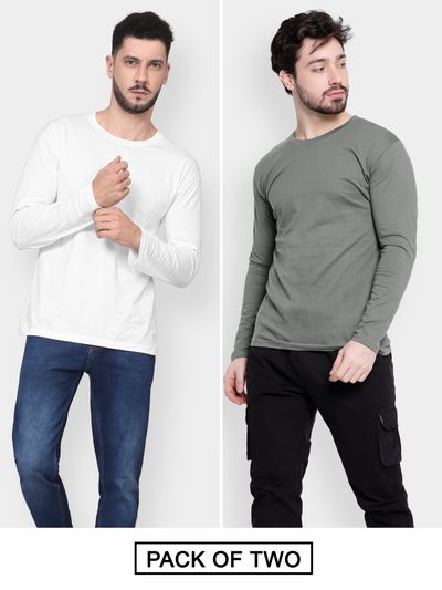 Pack of 2-Plain Full Sleeve T-shirt Combo White And Space Grey Pack of 2-Plain Full Sleeve T-shirt Combo White And Space Grey