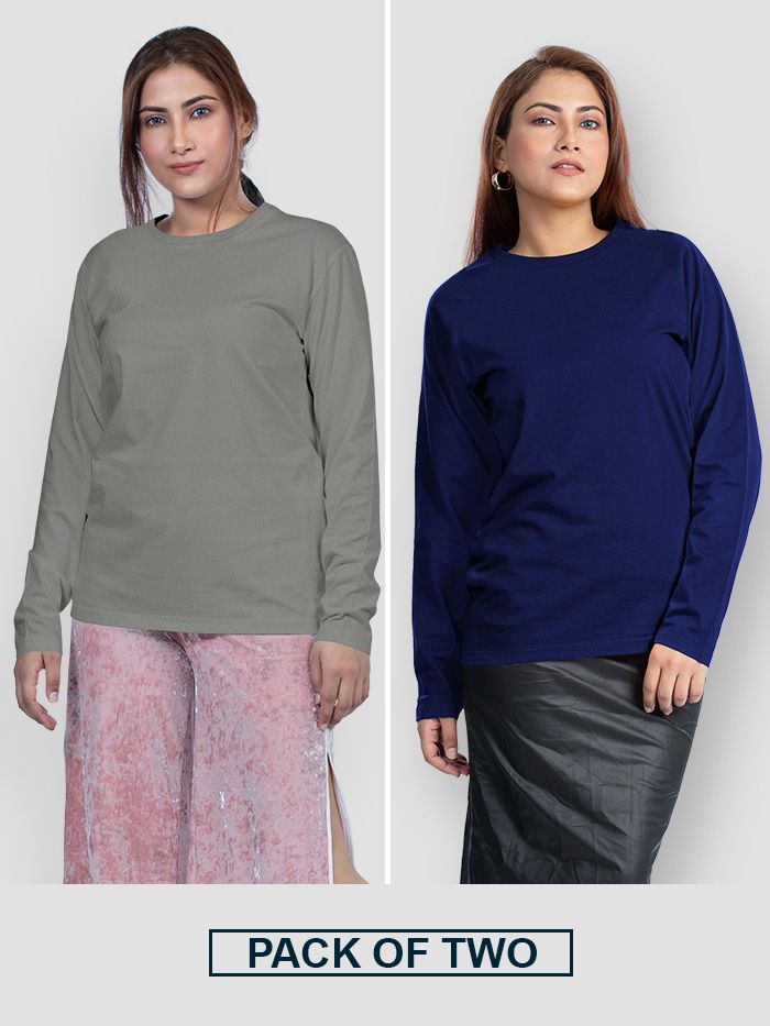 Pack of 2 Women Plain Full Sleeve T shirt Combo Space Grey And Navy Blue