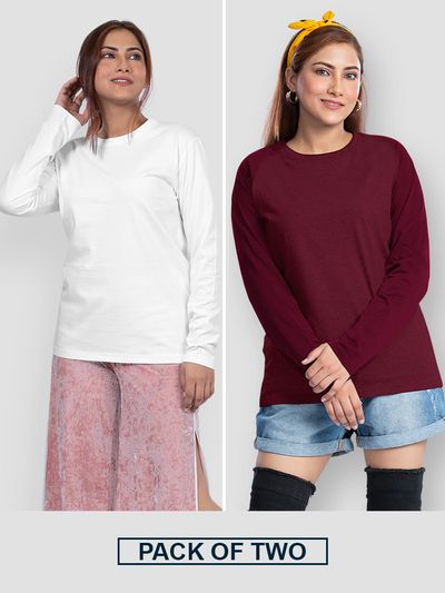 Pack of 2 - Women Plain Full Sleeve T-shirt Combo White And Burgundy