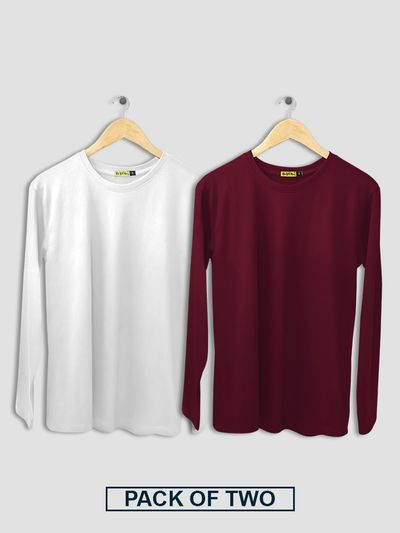 Pack of 2 - Women Plain Full Sleeve T-shirt Combo White And Burgundy