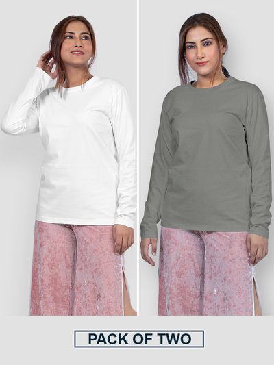 Pack of 2 - Women Plain Full Sleeve T-shirt Combo White And Space Grey