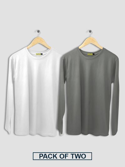 Pack of 2 - Women Plain Full Sleeve T-shirt Combo White And Space Grey