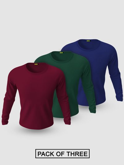Pack of 3-Plain Full Sleeve T-shirt Combo Burgundy Bottle Green And Navy Blue, 
