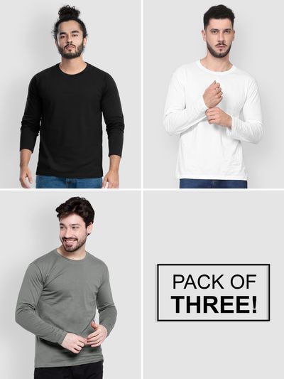 Pack of 3 Plain Full Sleeve T-shirt Black White And Grey  Pack Of 3 Plain Full Sleeve T-shirt Black White And Grey