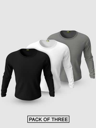 Pack of 3 Plain Full Sleeve T-shirt Black White And Grey  Pack Of 3 Plain Full Sleeve T-shirt Black White And Grey