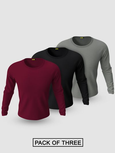 Buy Pack of 3 Plain Full Sleeve T shirt Combo Black Burgundy Space Grey Online in India Beyoung