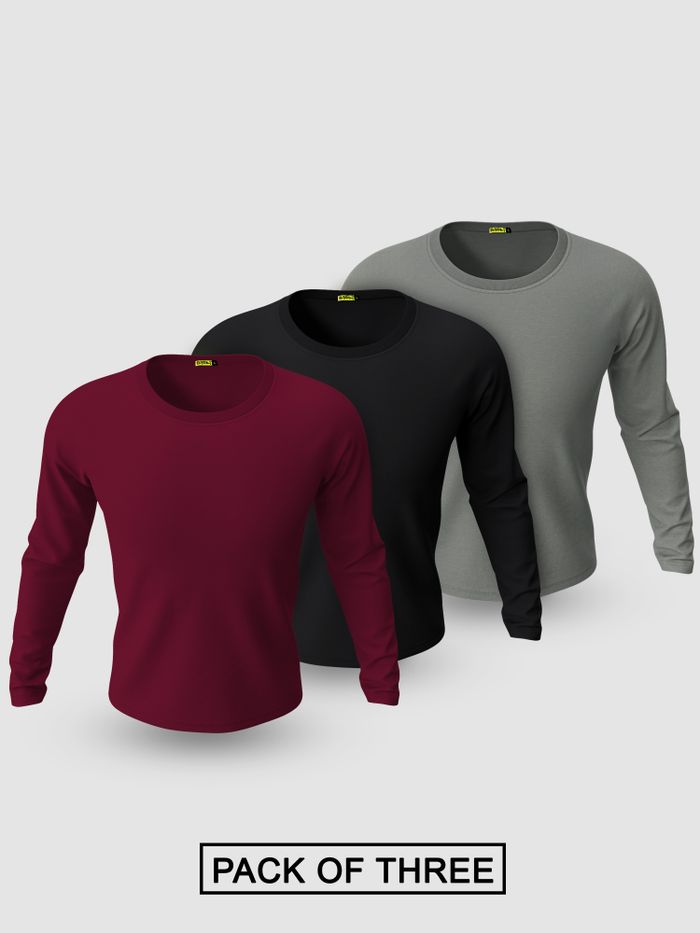 Pack of - 3 Plain Full Sleeve T-shirt Combo Black,Burgundy,Space Grey