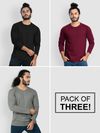 Pack of - 3 Plain Full Sleeve T-shirt Combo Black,Burgundy,Space Grey