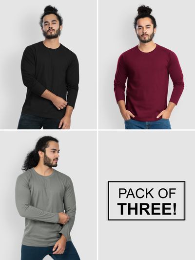 Pack of - 3 Plain Full Sleeve T-shirt Combo Black,Burgundy,Space Grey Pack of - 3 Plain Full Sleeve T-shirt Combo Black,Burgundy,Space Grey