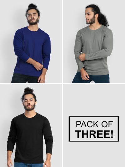 Pack of - 3 Plain Full Sleeve T-shirt Combo Navy Blue,Black,Space Grey Pack of - 3 Plain Full Sleeve T-shirt Combo Navy Blue,Black,Space Grey