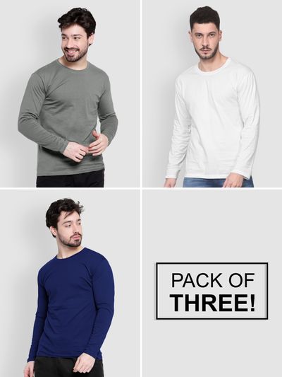 Pack of - 3 Plain Full Sleeve T-shirt Combo Navy Blue,White,Space Grey Pack of - 3 Plain Full Sleeve T-shirt Combo Navy Blue,White,Space Grey