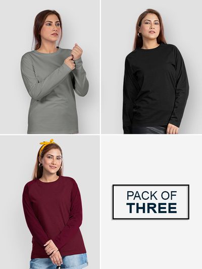 Pack of 3 - Women Plain Full Sleeve T-shirt Combo
              Black Burgundy Space Grey