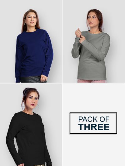 Pack of 3 - Women Plain Full Sleeve T-shirt Combo Navy Blue Black Space Grey
