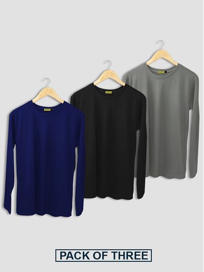 Pack of 3 - Women Plain Full Sleeve T-shirt Combo Navy Blue Black Space Grey