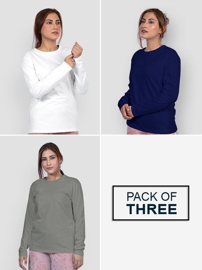 Pack of 3 - Women Plain Full Sleeve T-shirt Combo
              Navy Blue White Space Grey