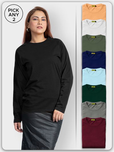 Pick Any 2 - Women Plain Full Sleeve T-shirt Combo ladies full sleeve t shirt,