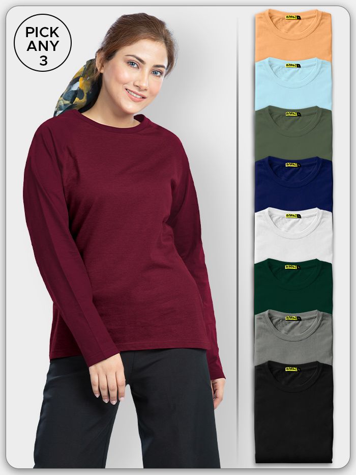 Pick Any 3 Women Plain Full Sleeve T shirt Combo