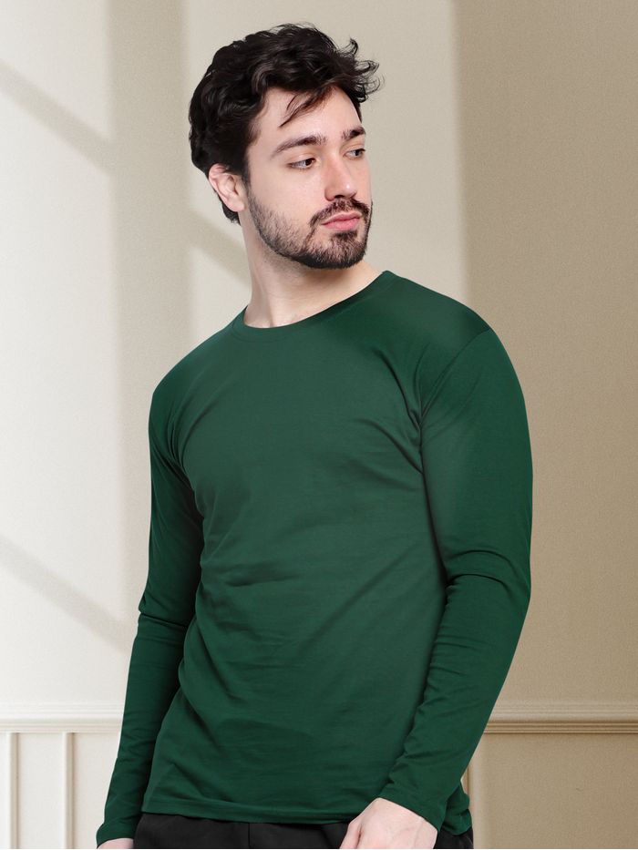 Buy Plain Bottle Green Full Sleeves T-shirt Online - BeYOUng