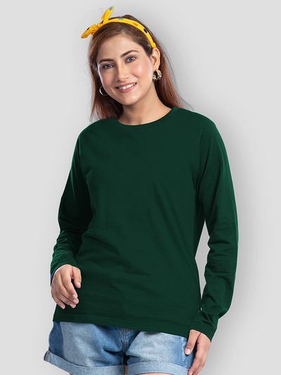Buy Plain Bottle Green Women Full Sleeves T-shirt Online - BeYOUng