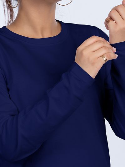 Plain Navy Blue Women Full Sleeves T-shirt