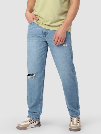 Blue Distressed Denim Jeans with Baggy Fit