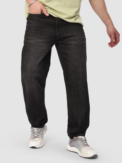 Black Whisker Baggy Fit Jeans Black Denim Jeans for men