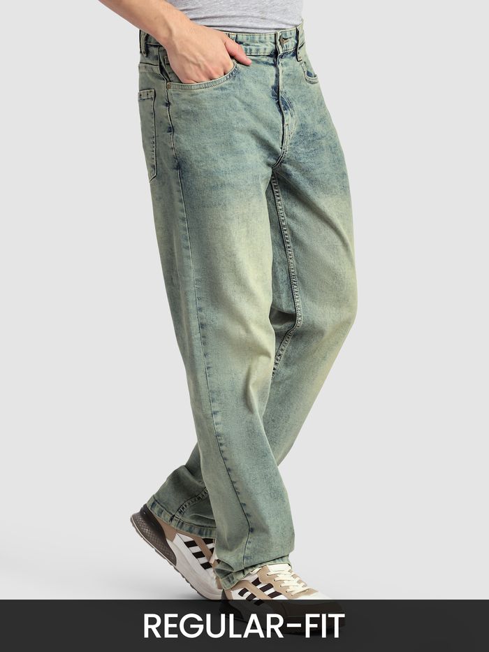 Buy Men's Blue Green Tinted Regular Fit Jeans at Beyoung
