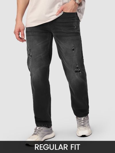 Black Distressed Regular Fit Jeans Black Distressed Regular Fit Jeans