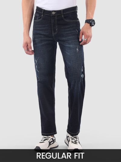 Indigo Blue Distressed Regular Fit Jeans Indigo Blue Distressed Regular Fit Jeans