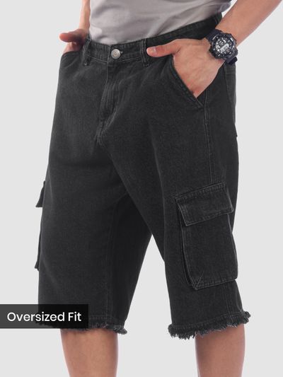 Black Rugged Hem Denim Jorts Black Rugged Hem Denim Jorts