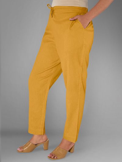 Buy Mustard-yellow Solid Straight-Fit Cotton Pant Online in India