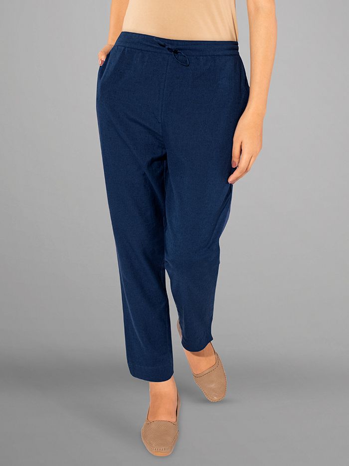 Navy Blue Cotton Trouser For Women, Solid Regular Fit