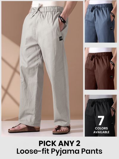 Pick Any 2 - Loose-fit Pyjama Pants Combo Mens pyjama pants - with fit available as loose-fit in different colors with text "Pick any 2" and "6 colors available"