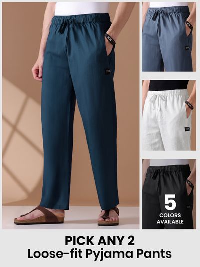 Mens pyjama pants - with fit available as loose-fit in different colors with text "Pick any 2" and "6 colors available" 