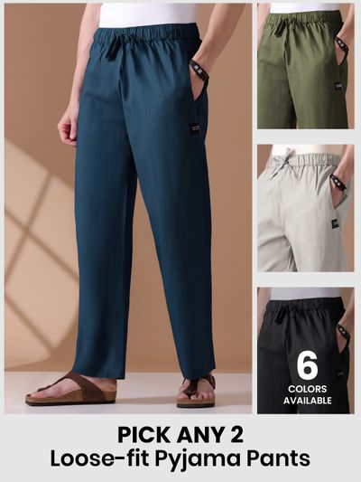 Mens pyjama pants - with fit available as loose-fit in different colors with text "Pick any 2" and "6 colors available" 