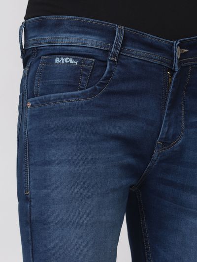 Deep Blue Cotton Knitted Mens Jeans Blue Denim Jeans