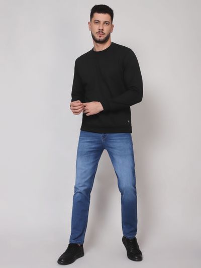 Dark blue jeans black t shirt hot sale